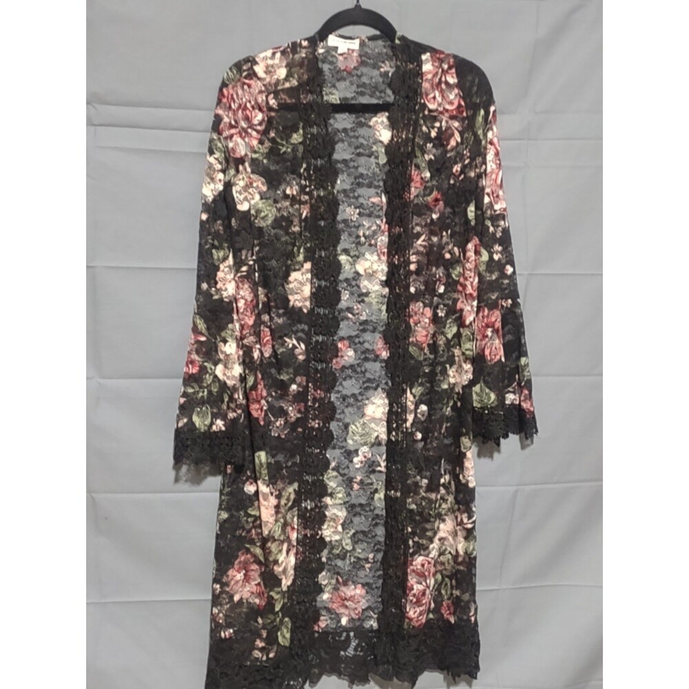 Jolie & Joy Floral Lace Kimono Duster Cardigan Open Front Black Pink Size Medium